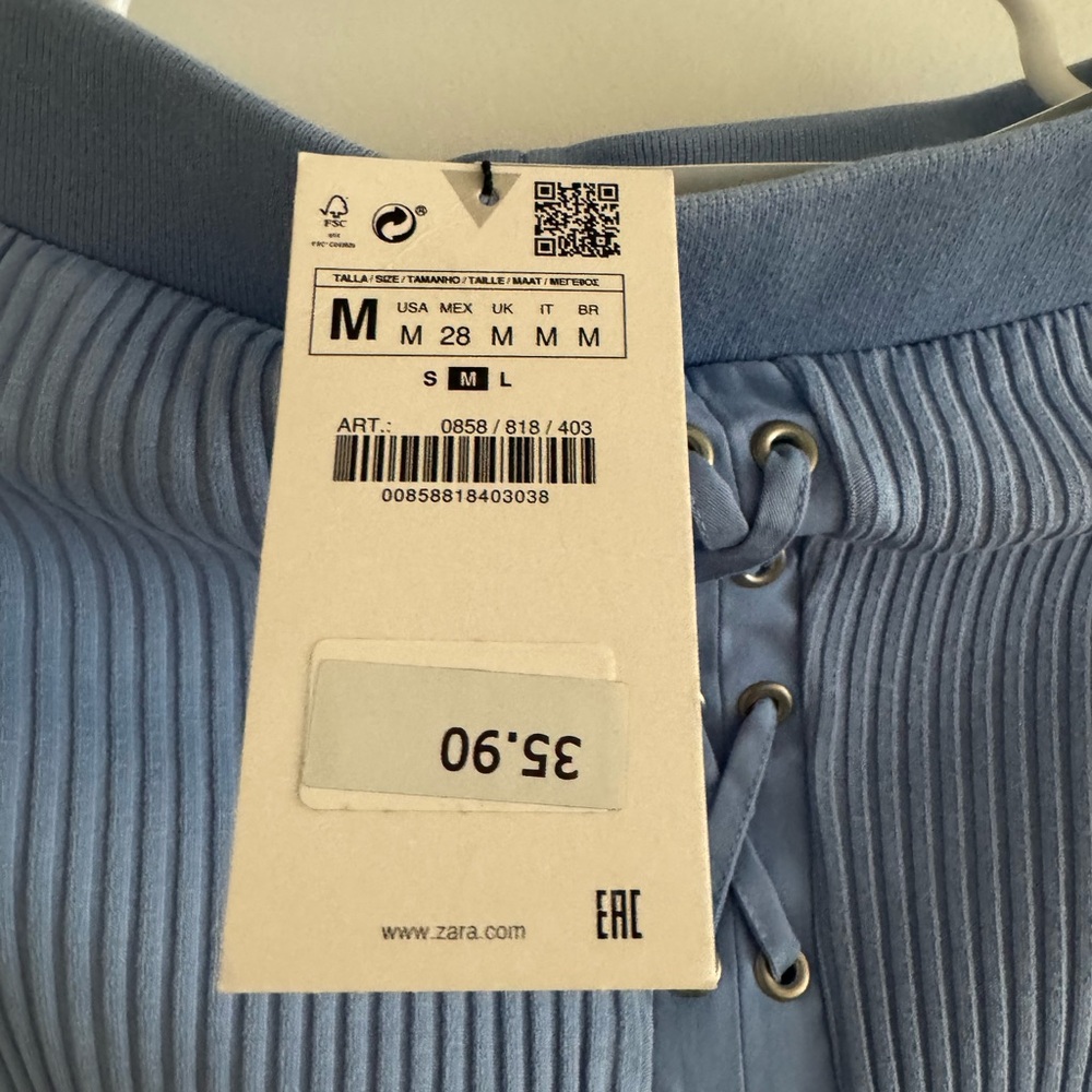 Zara Sky Blue Lace-Up Ribbed Top